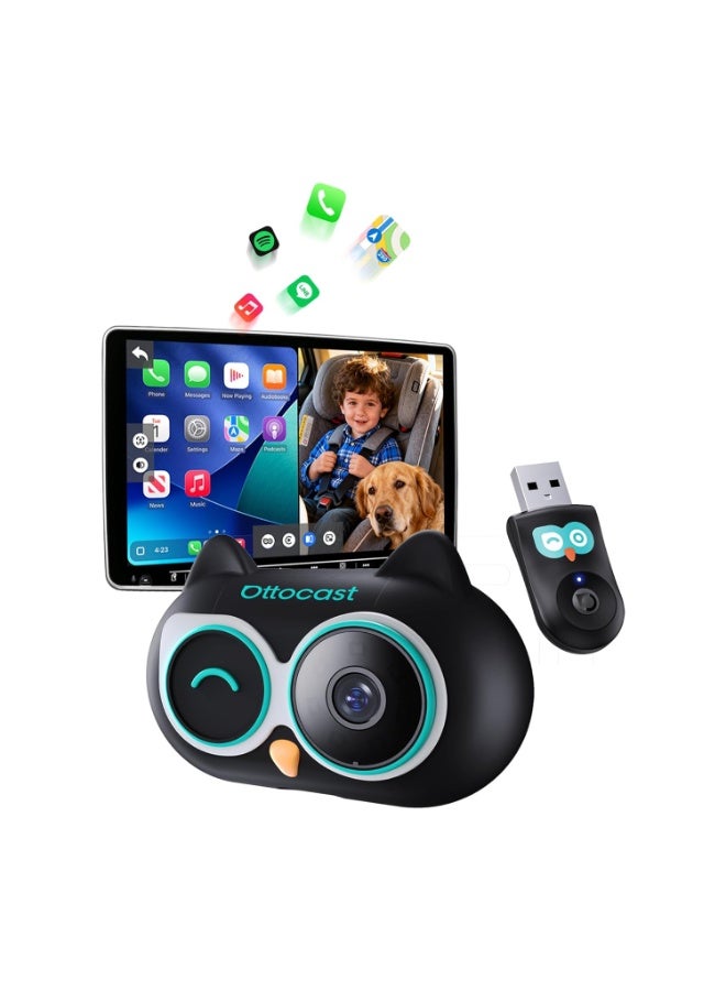 Cabin Care Wireless CarPlay Adapter with Baby Monitoring Rear Seat Camera, Plug & Play CarPlay Upgrade, 1080P Wide-Angle Camera, Compatible with Factory CarPlay Vehicles